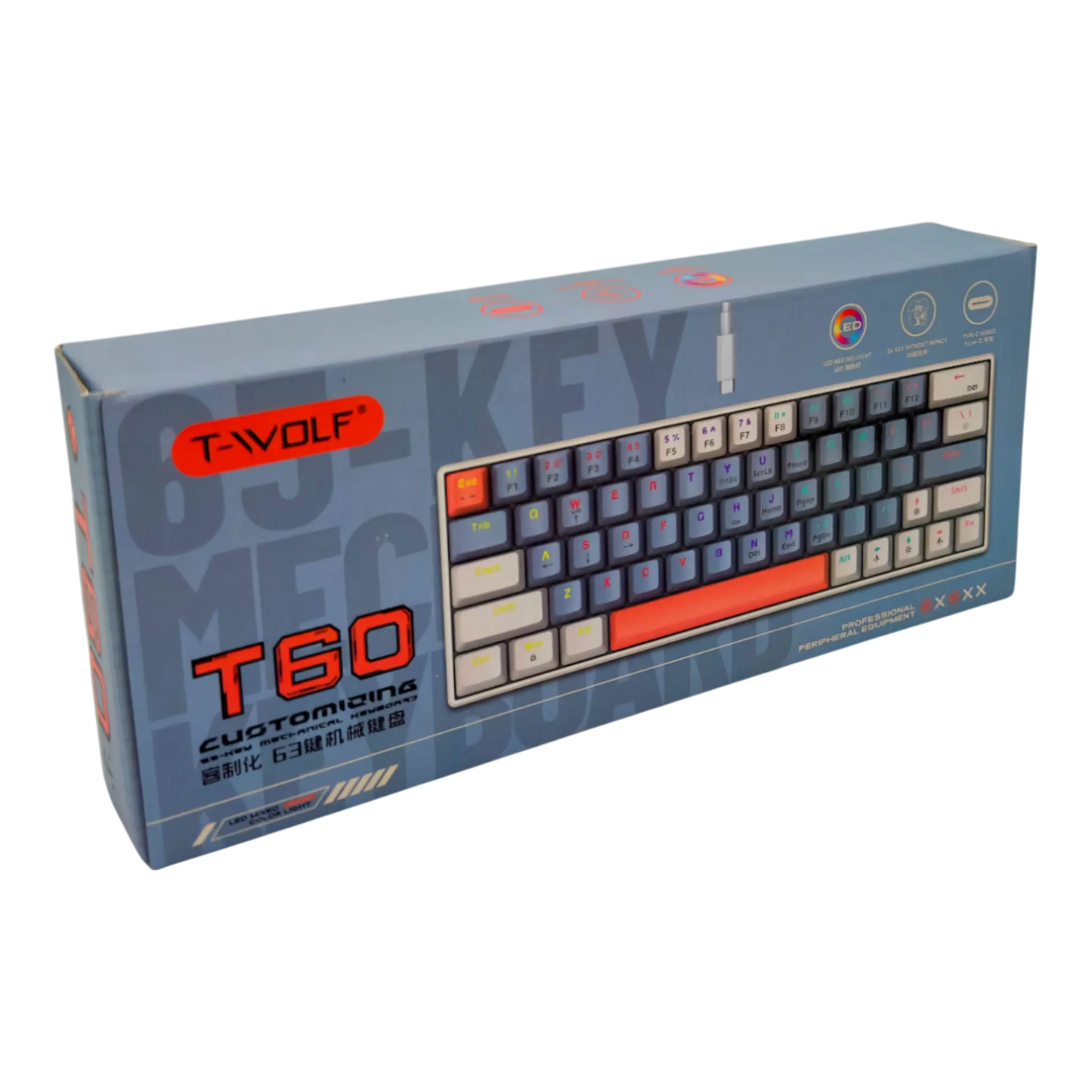 Teclado mecánico para juegos T-Wolf T60 60% RGB con cable GRIS-HABANO