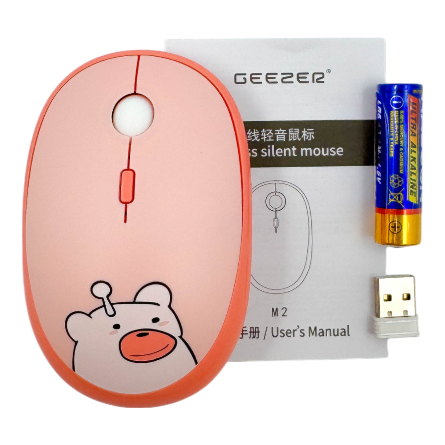 Mouse Inalámbrico Silencioso Geezer M2 - Rosado Diseño Osito | 3 DPI 2.4G 10m | Cute Para Ella