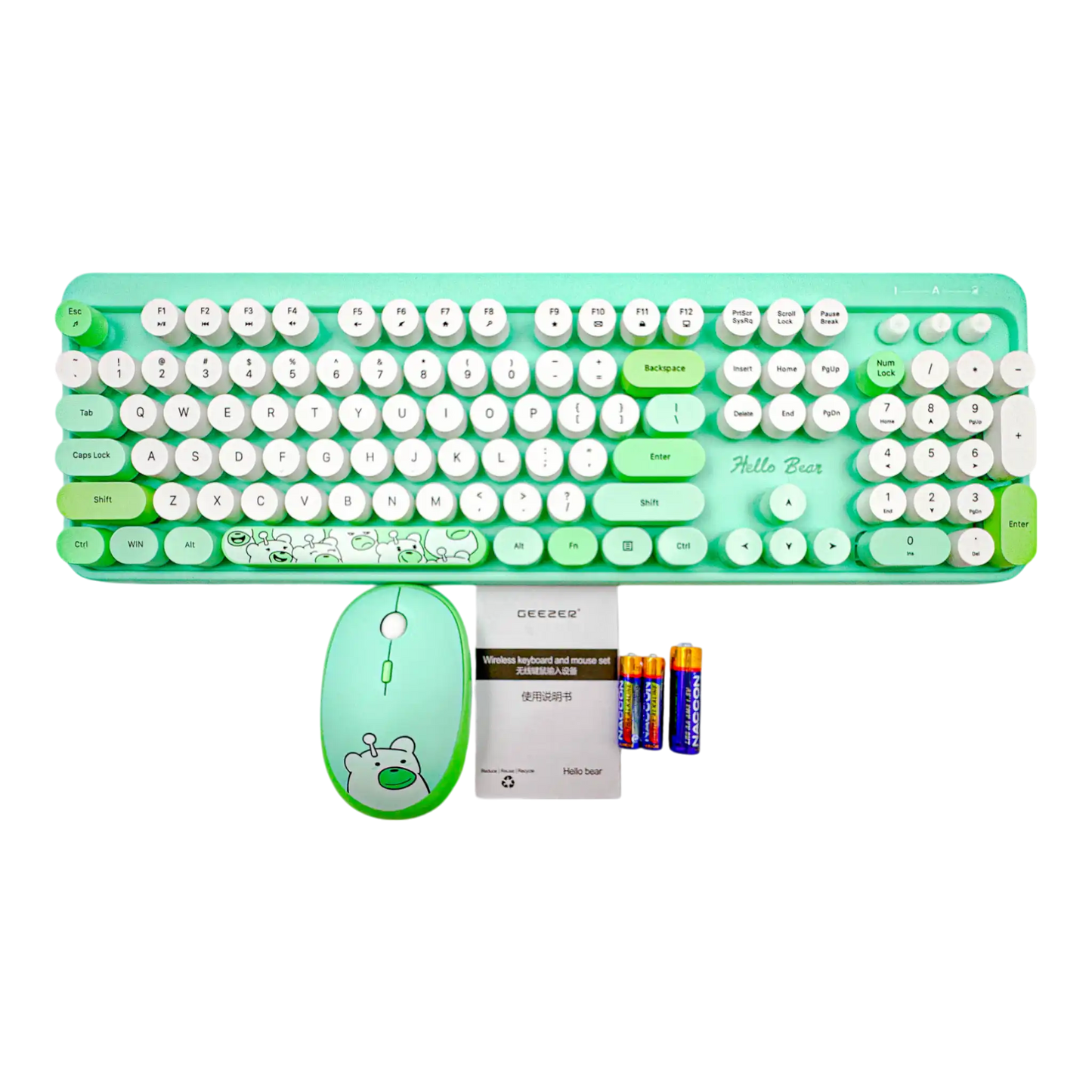 COMBO TECLADO Y MOUSE SILENCIOSO GEEZER OO67 HELLO BEAR - VERDE