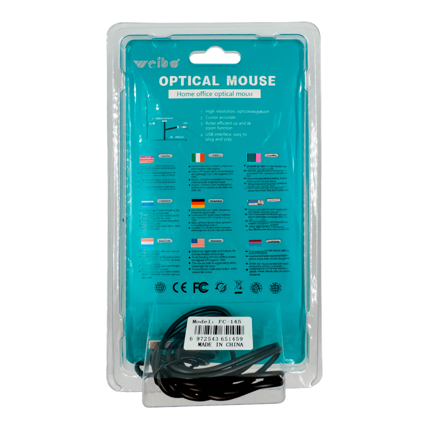 MOUSE ÓPTICO CON CABLE | WEIBO FC-145 NEGRO