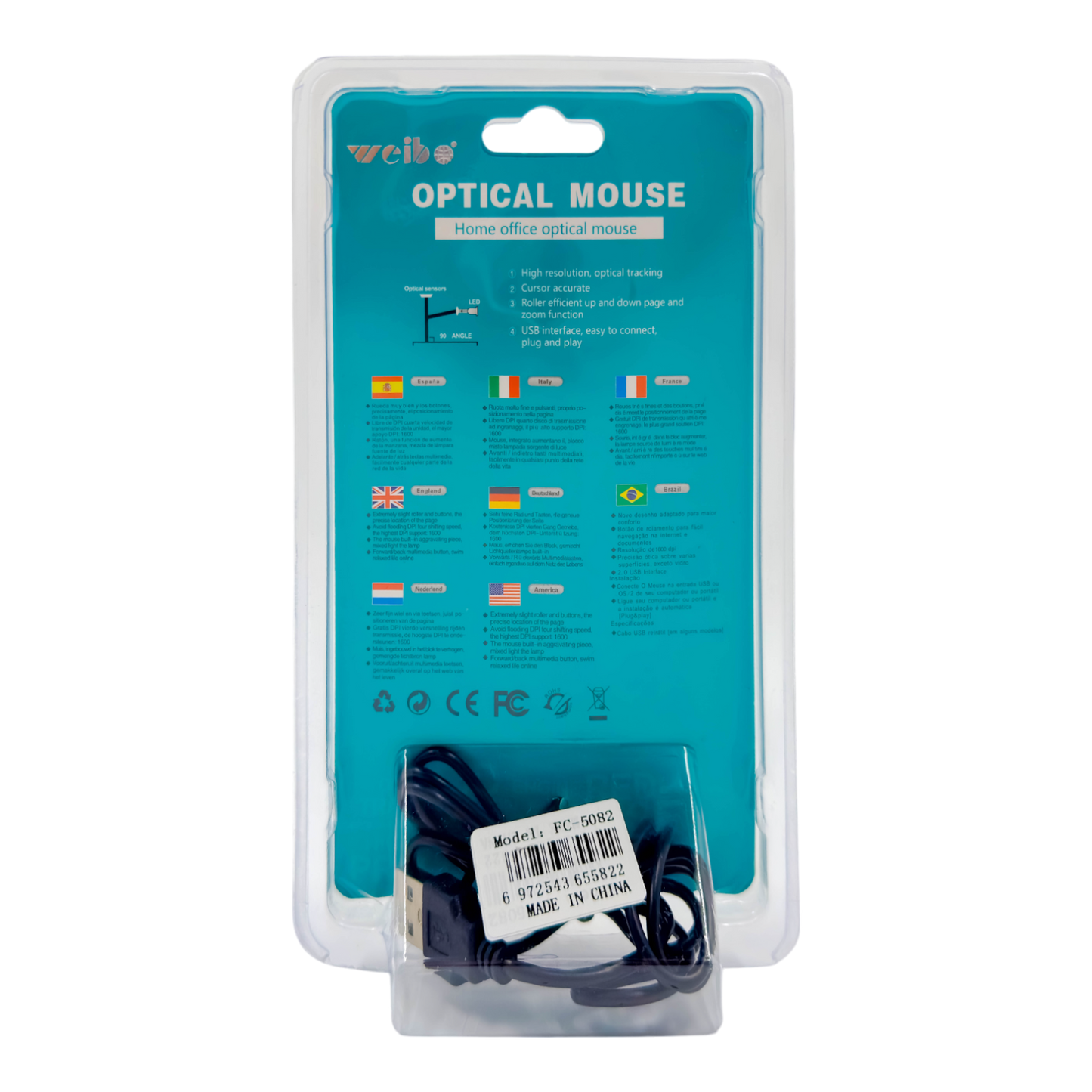 MOUSE ÓPTICO CON CABLE | WEIBO FC-5082 NEGRO