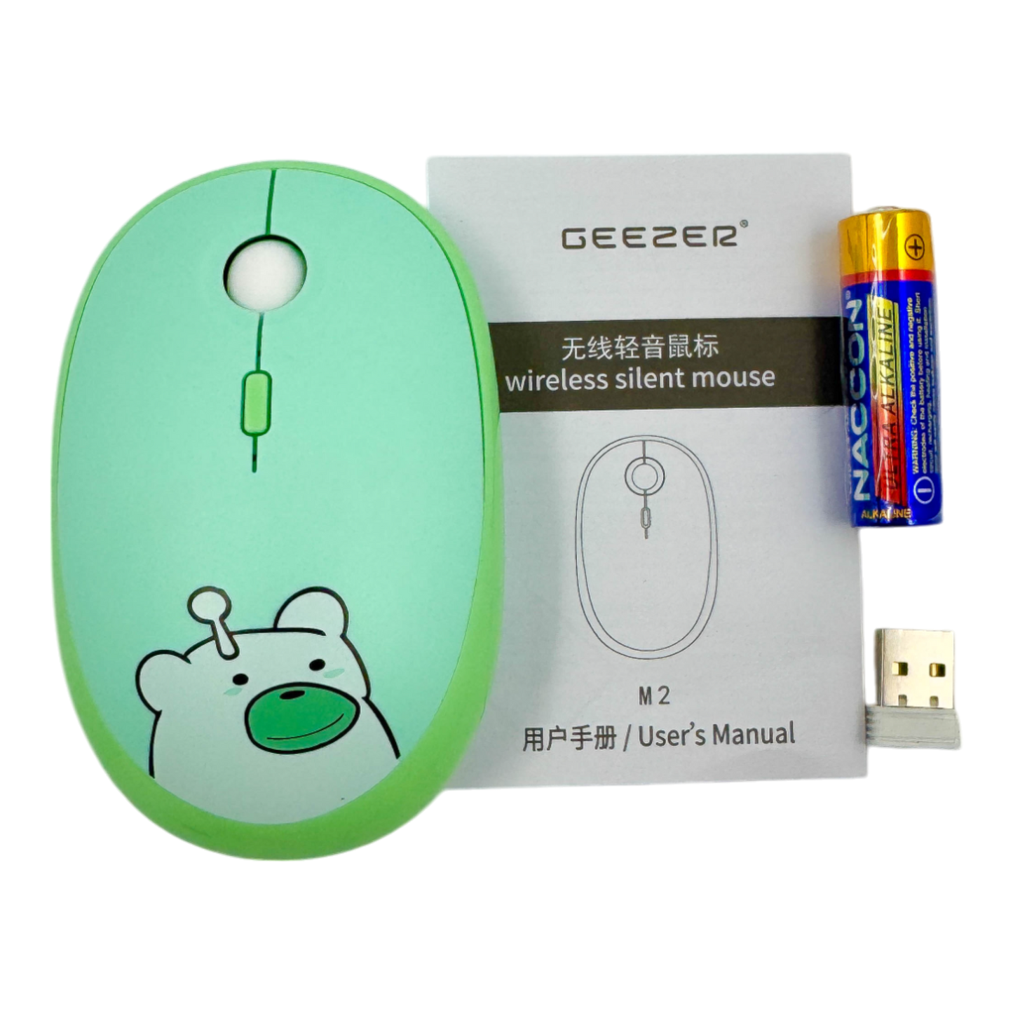 Mouse Inalámbrico Silencioso Geezer M2 - Verde Diseño Osito | 3 DPI 2.4G 10m | Cute Para Ella