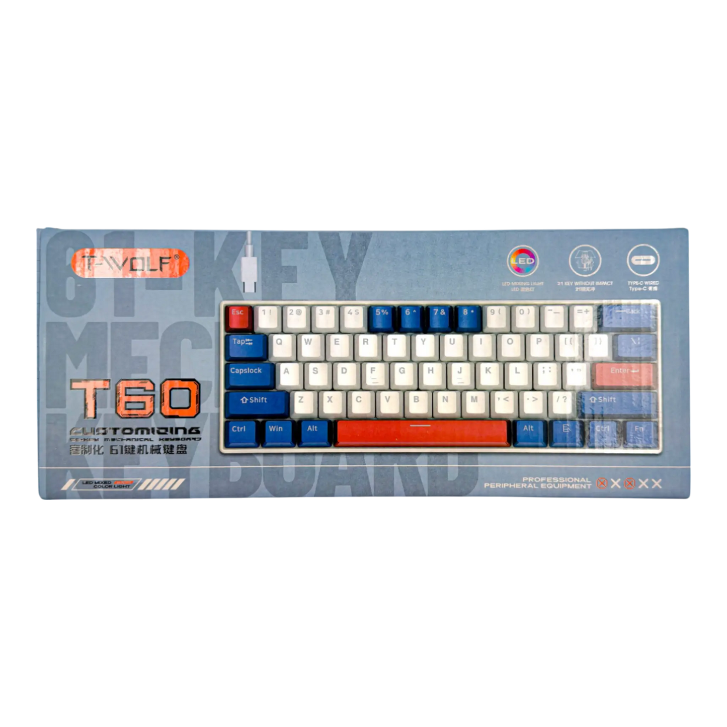 Teclado mecánico para juegos T-Wolf T60 60% RGB con cable BLANCO- AZUL