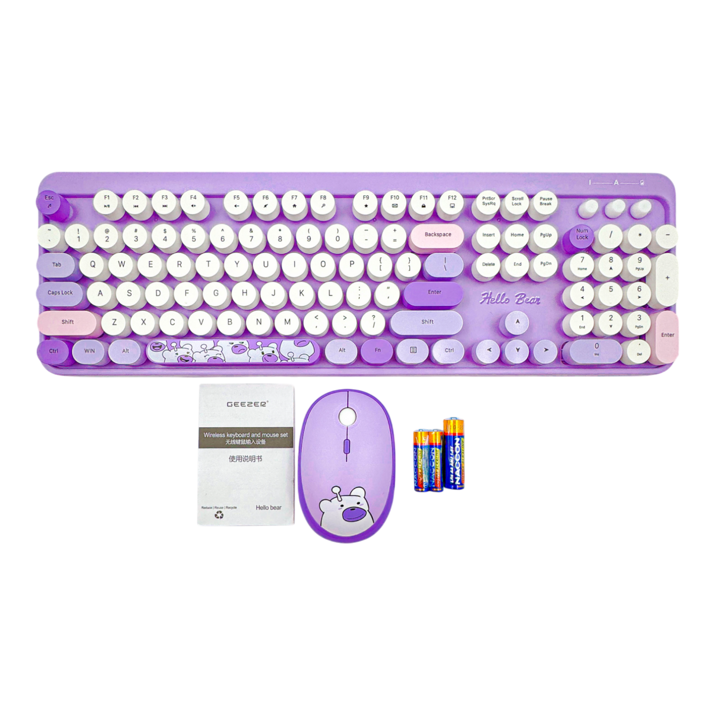 COMBO TECLADO Y MOUSE SILENCIOSO GEEZER OO67 HELLO BEAR - MORADO