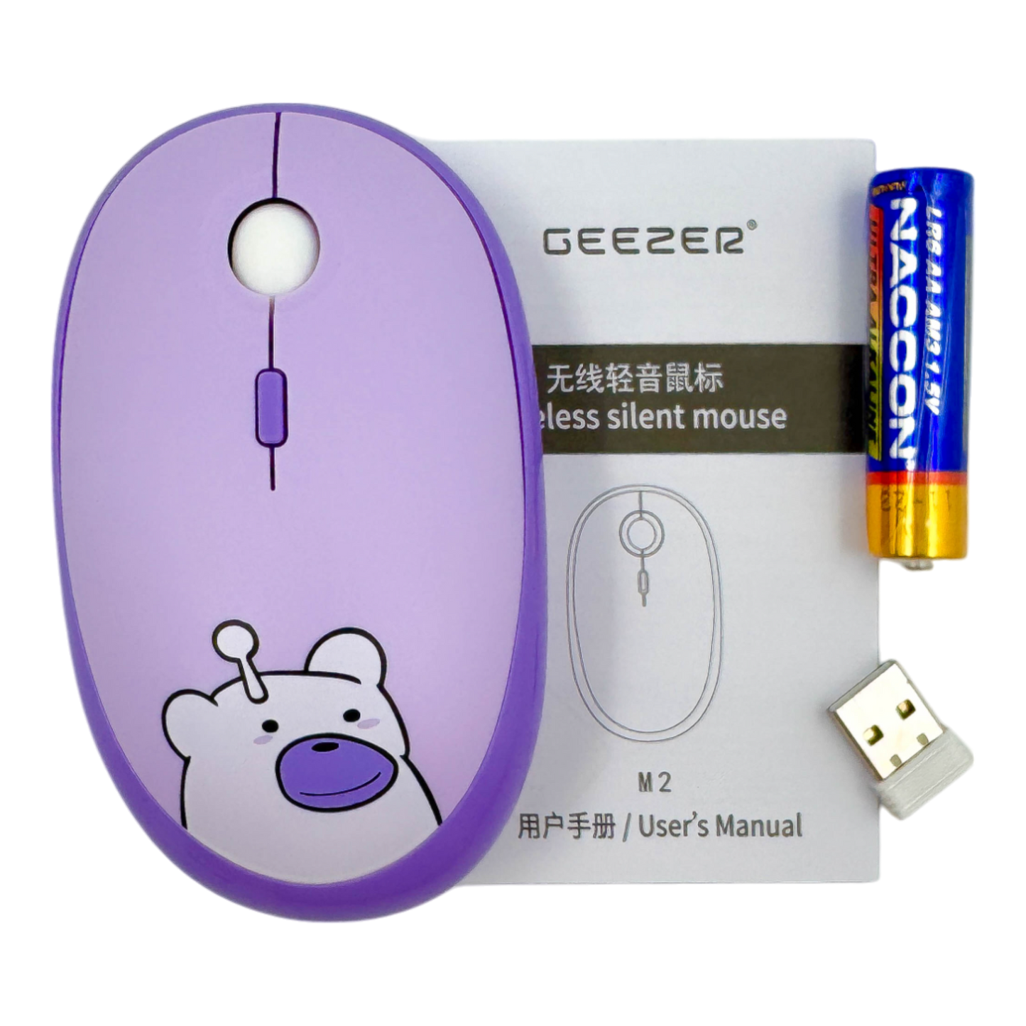 Mouse Inalámbrico Silencioso Geezer M2 - Morado Diseño Osito | 3 DPI 2.4G 10m | Cute Para Ella