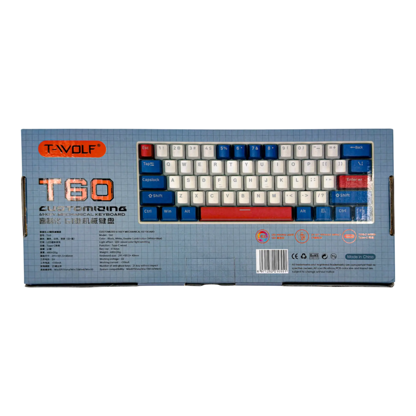 Teclado Mecánico T-Wolf T60 60% RGB Blanco - Switches Azules Anti-Ghosting USB-C