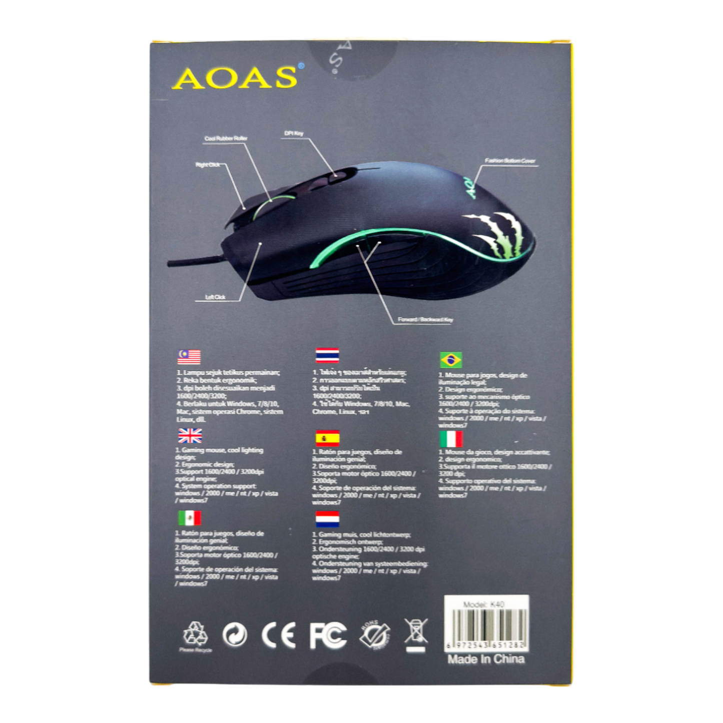 Mouse Gamer AOAS K-40 RGB - 7 Botones Programables DPI 3200 Cable 1.8m Ergonómico