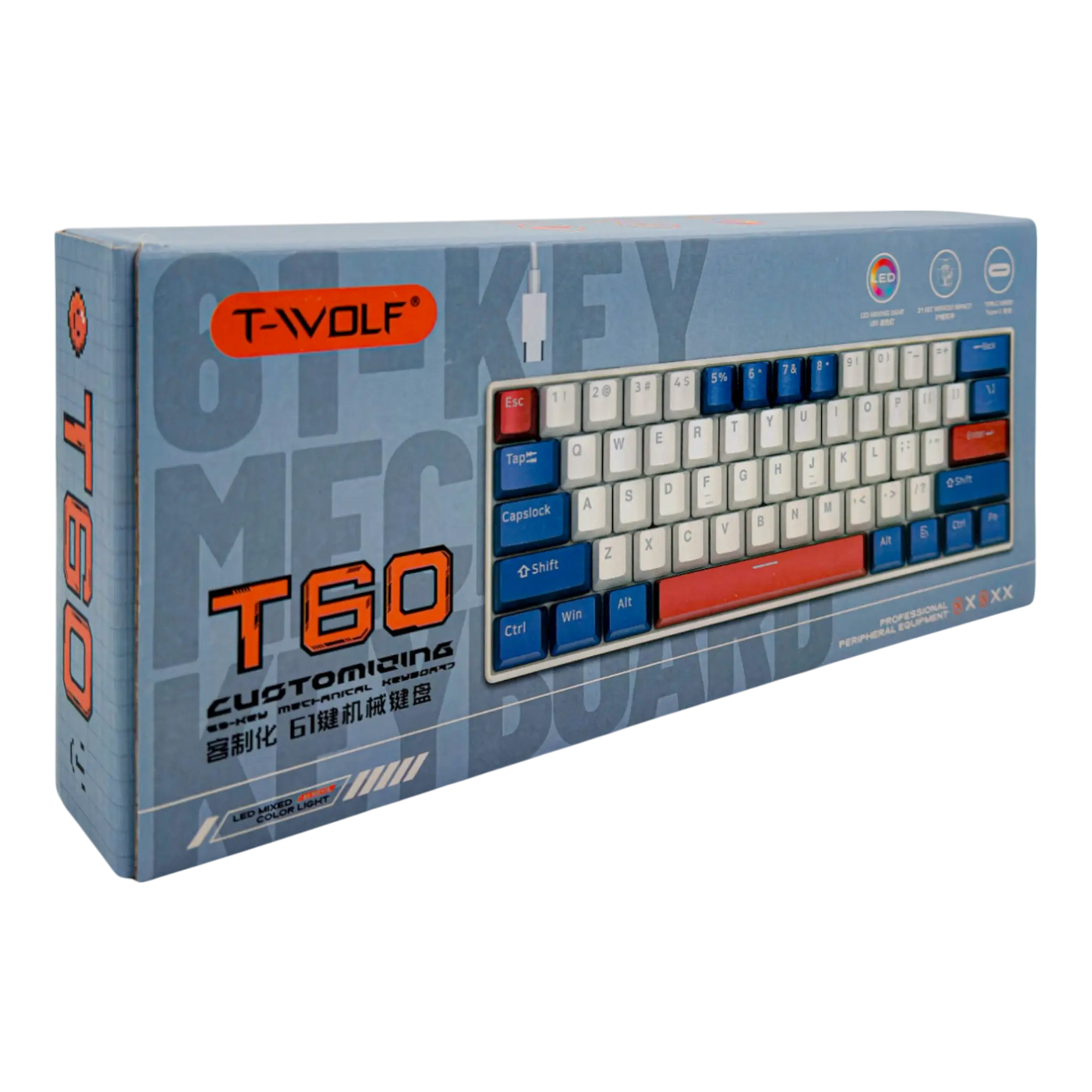 Teclado mecánico para juegos T-Wolf T60 60% RGB con cable BLANCO- AZUL