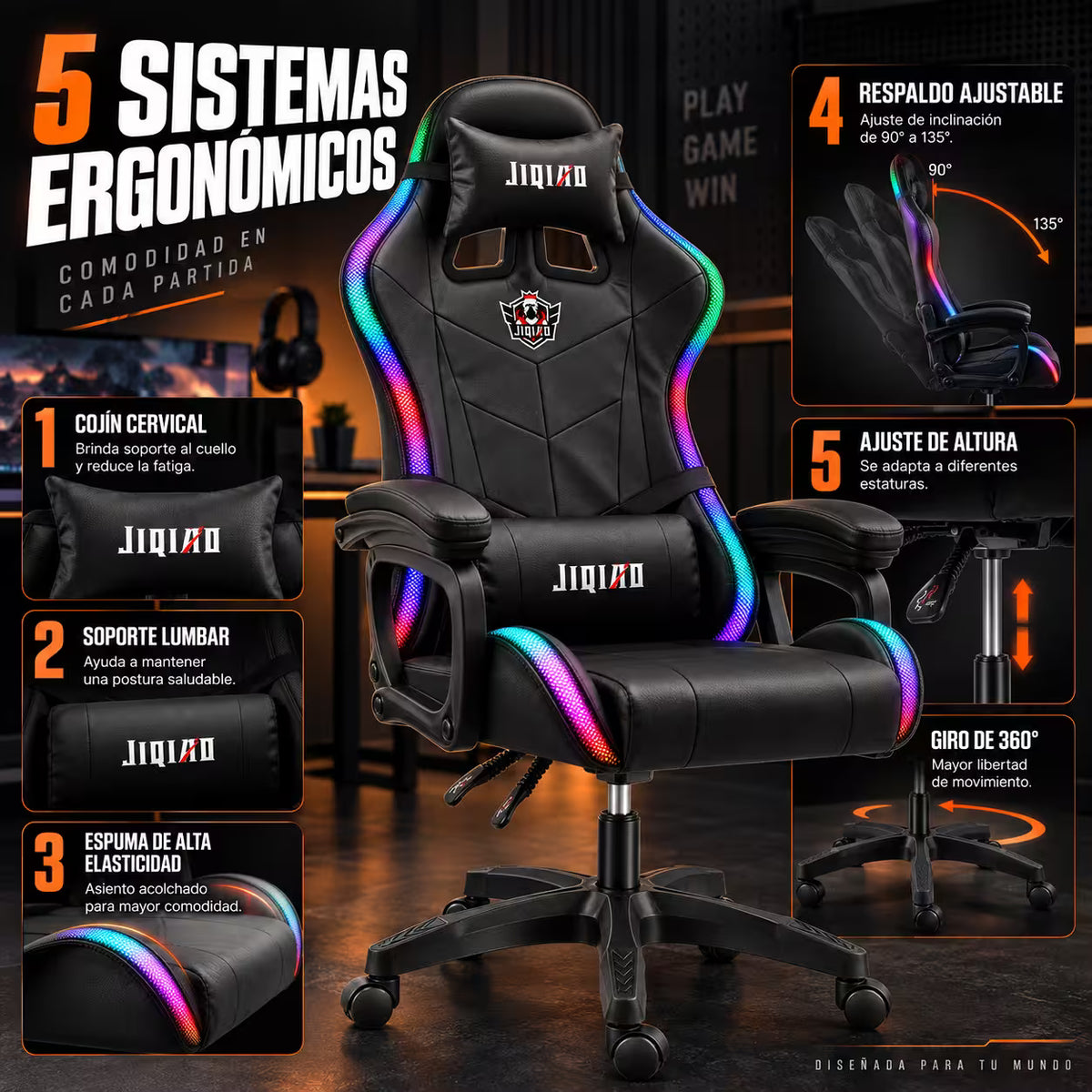 Silla Gamer JIQIAO Reclinable RGB – Iluminación LED Perimetral | Control Remoto 24 Botones | Reclinable 90–135° | Reposabrazos Articulados | Altura Ajustable