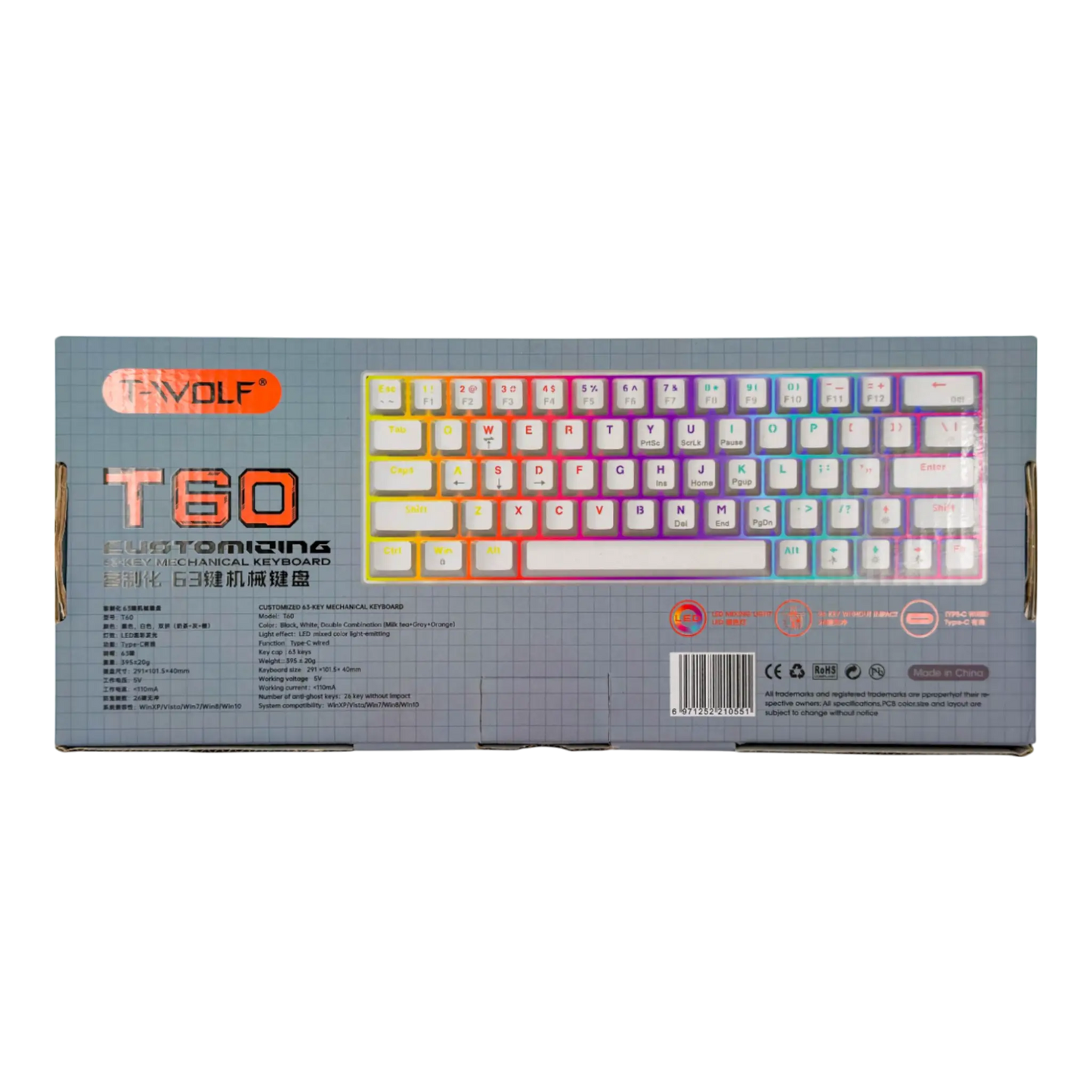 Teclado mecánico para juegos T-Wolf T60 60% RGB con cable GRIS-HABANO
