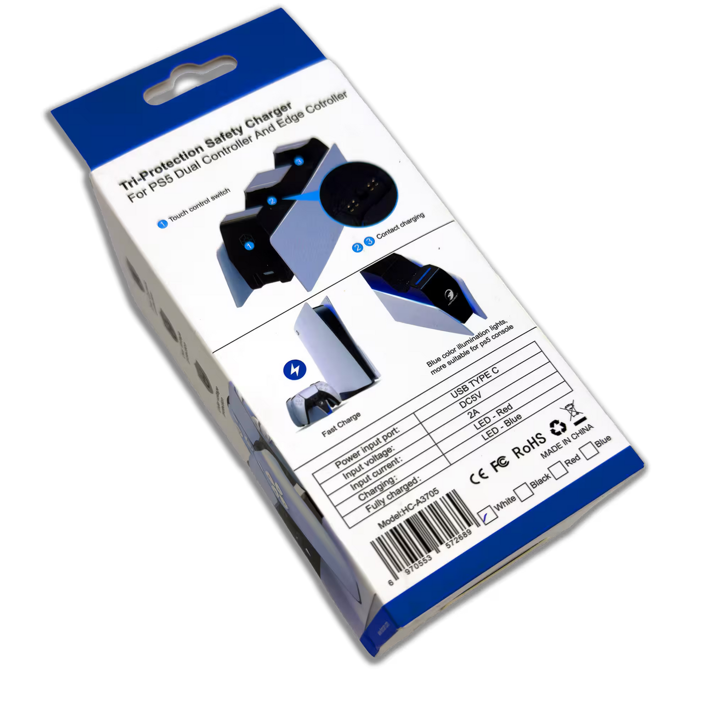 Base Cargadora HONCAM PS5 DualSense Blanca - Carga Dual LED Azul Tri-Protección Type-C