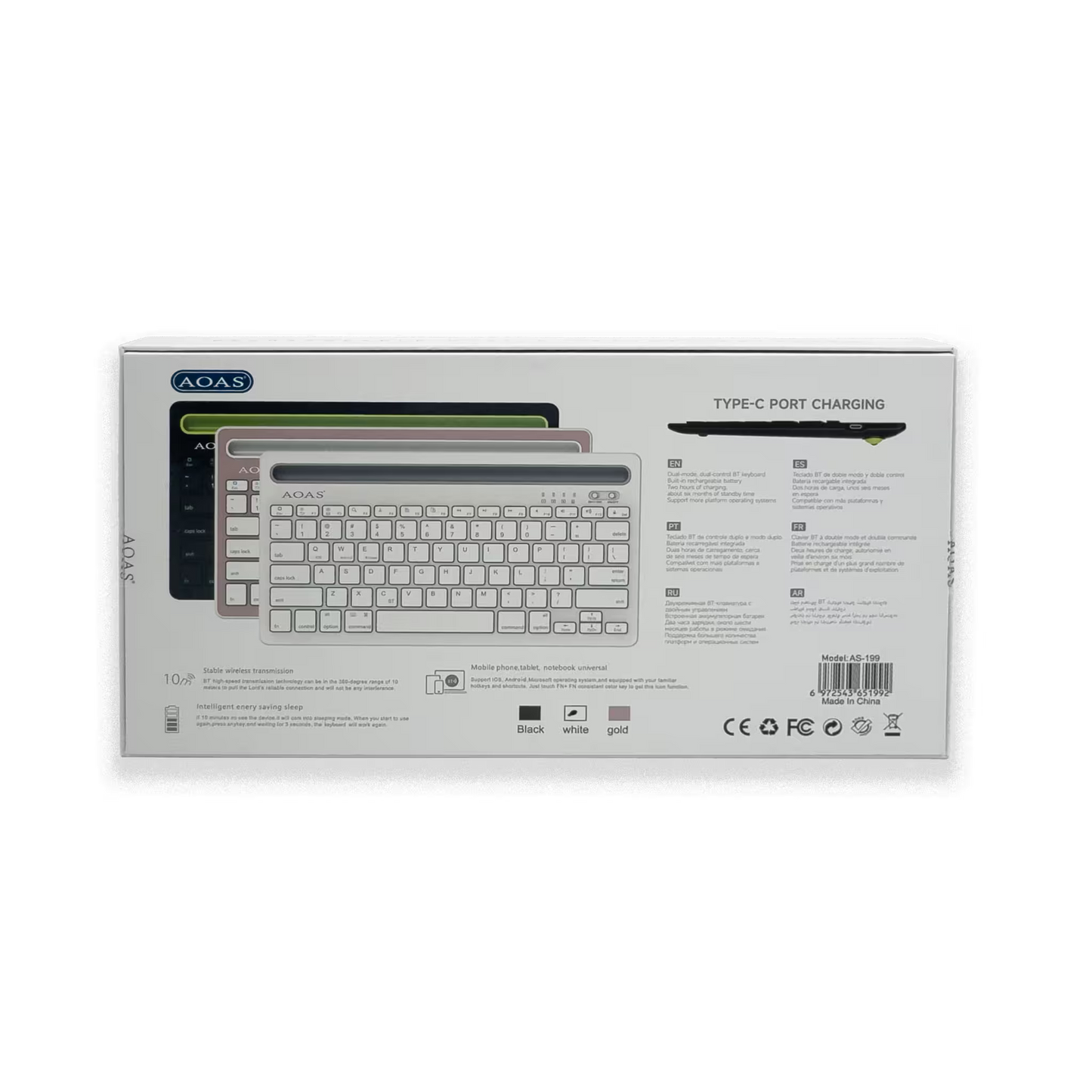 Teclado Inalámbrico Bluetooth Tipo C AOAS AS-199 | Dual Mode, Recargable y Multidispositivo para Tablet/Laptop | BLANCO