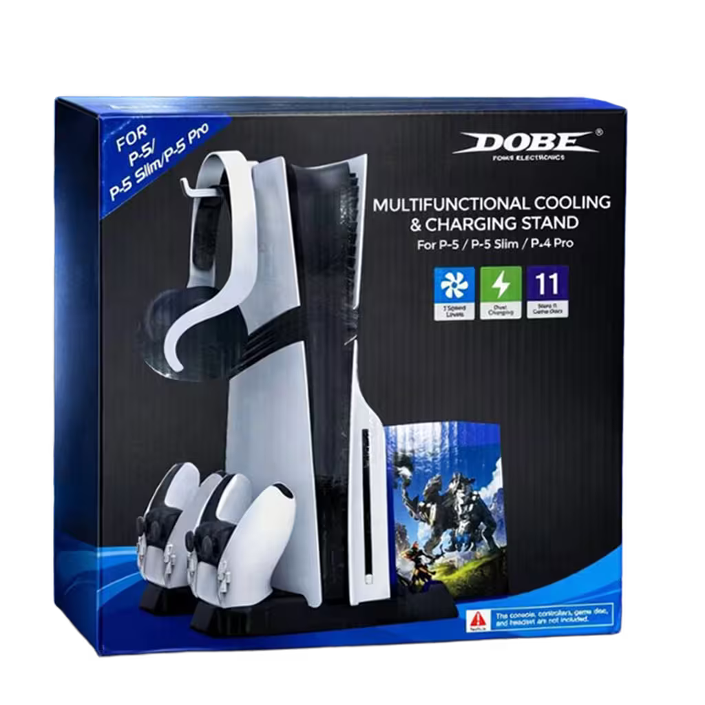 Base de Carga Dual y Ventilación Multifuncional PS5 DOBE - 11 Discos + Ganchos Auriculares | PS5 Slim Pro