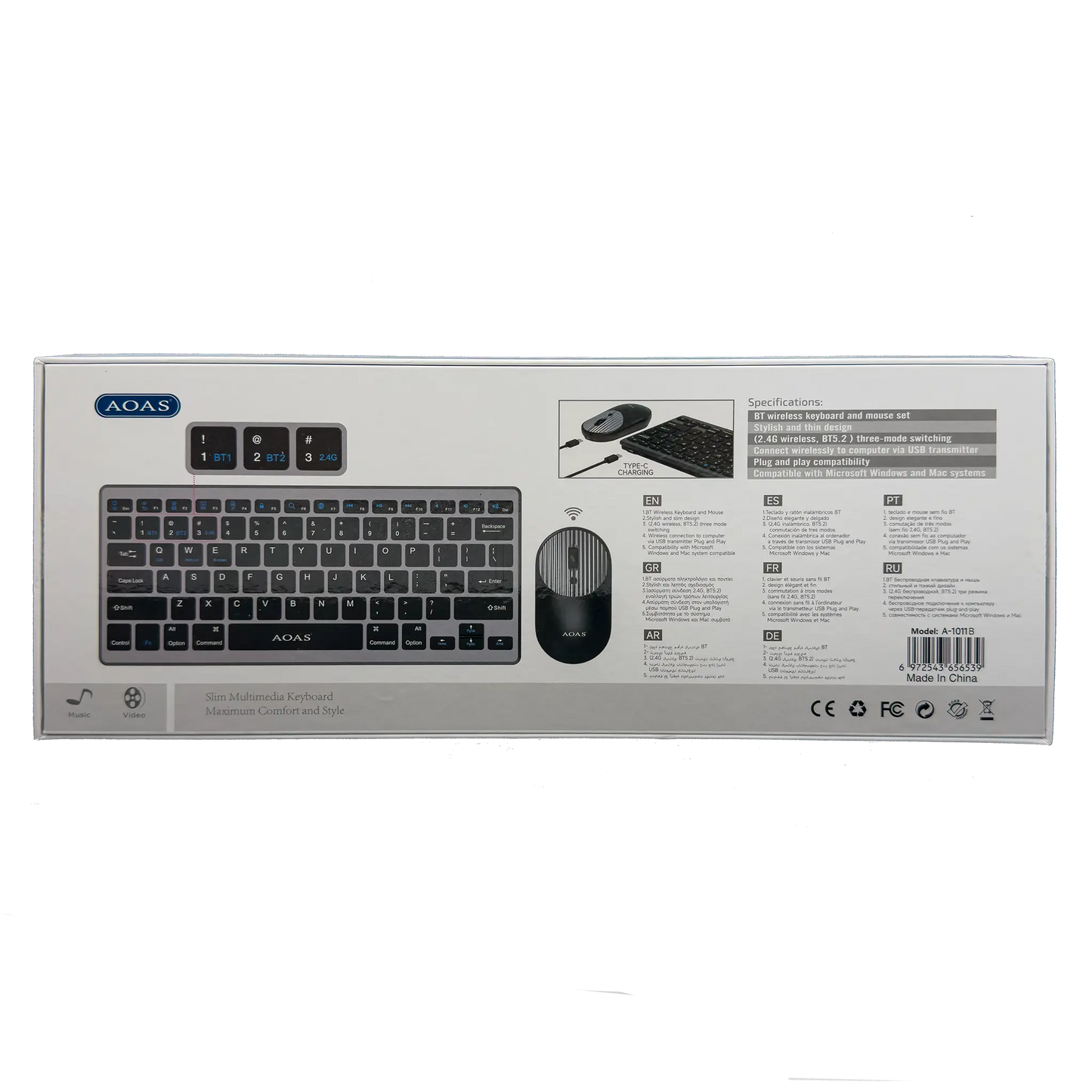 Combo Teclado y Mouse Inalámbrico AOAS A-1011B Recargable - 3 Modos Bluetooth 2.4G USB-C