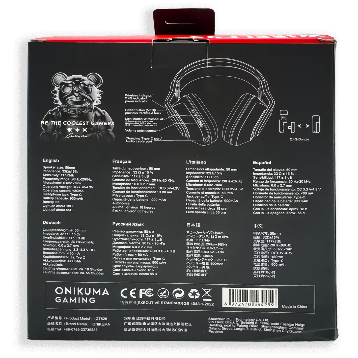 Diadema Inalámbrica Onikuma GT828 – 50mm | 900mAh 55h | Dongle 2 en 1 | 2.4G + BT