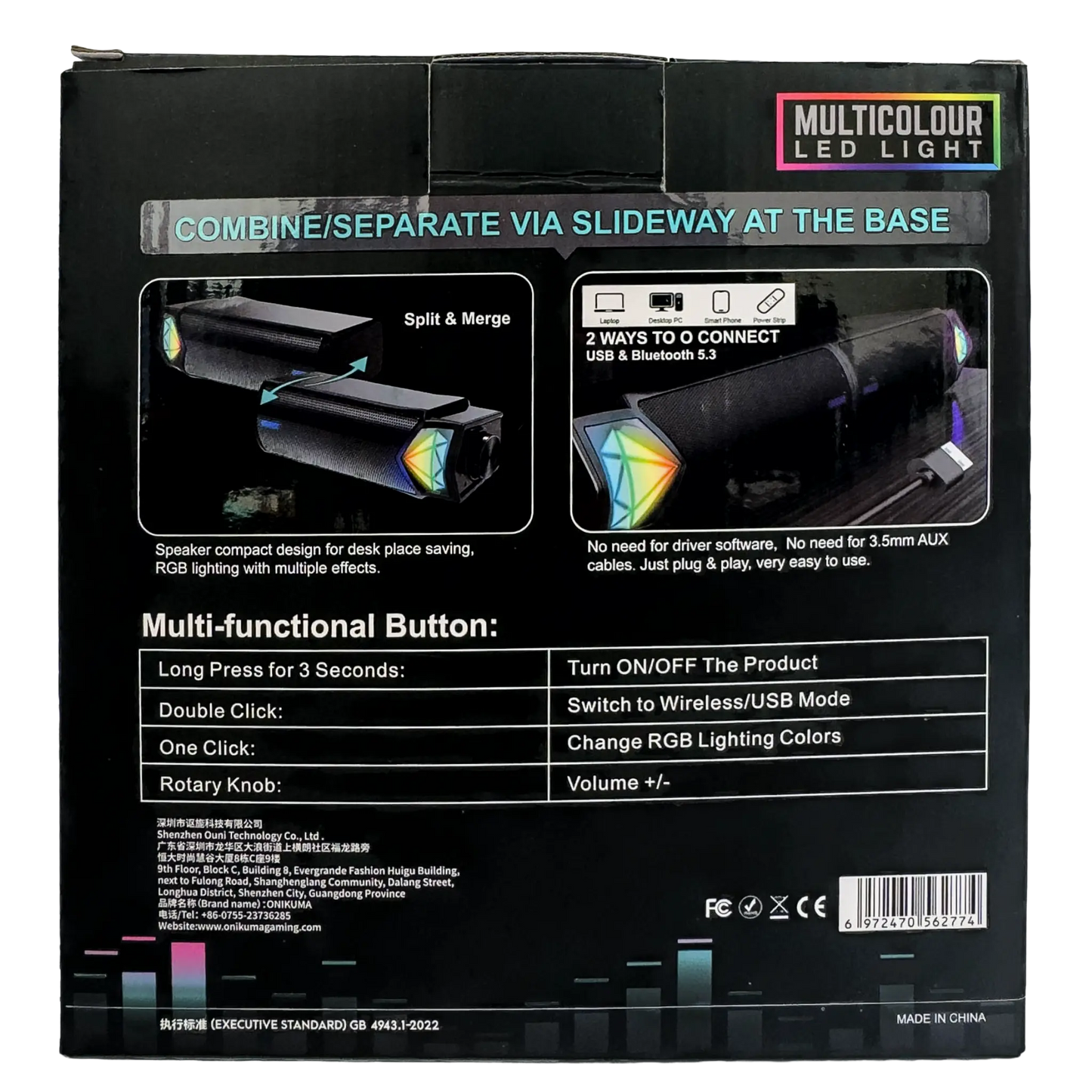 Parlantes ONIKUMA L1 RGB Modulares 2en1 – 10W RMS | Bluetooth 5.3 | Barra o Estéreo