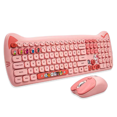 Combo Teclado Mouse GEEZER Orejas de Gato Rosado Plus - 104 Teclas 2.4G 1600 DPI Retro