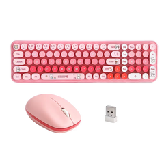 Combo Teclado y Mouse Inalámbrico Baby Bear - Rosado | 100 Teclas Redondas Retro Multicolor | 10m | 2.4G