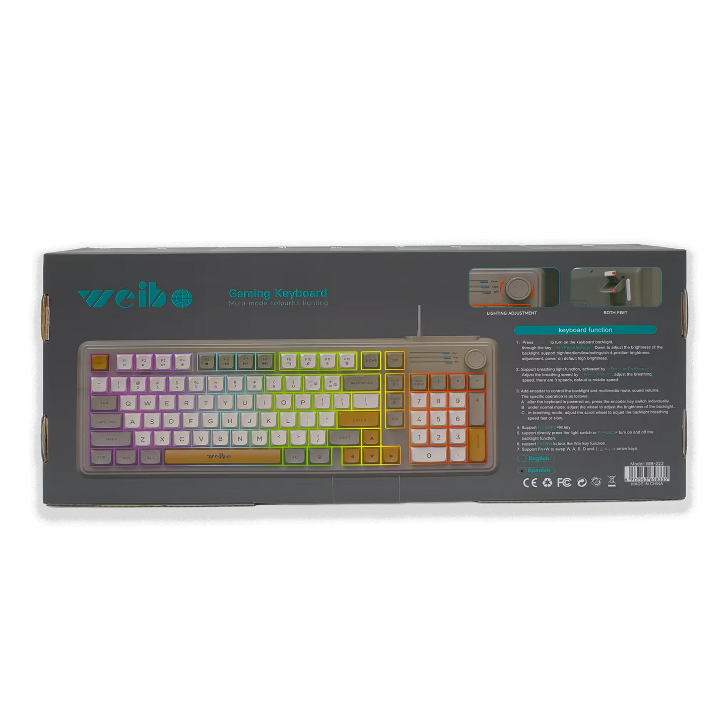 Teclado Gamer RGB Weibo WB-222 Retro - Teclas Redondas Multicolor Perilla Encoder Cable