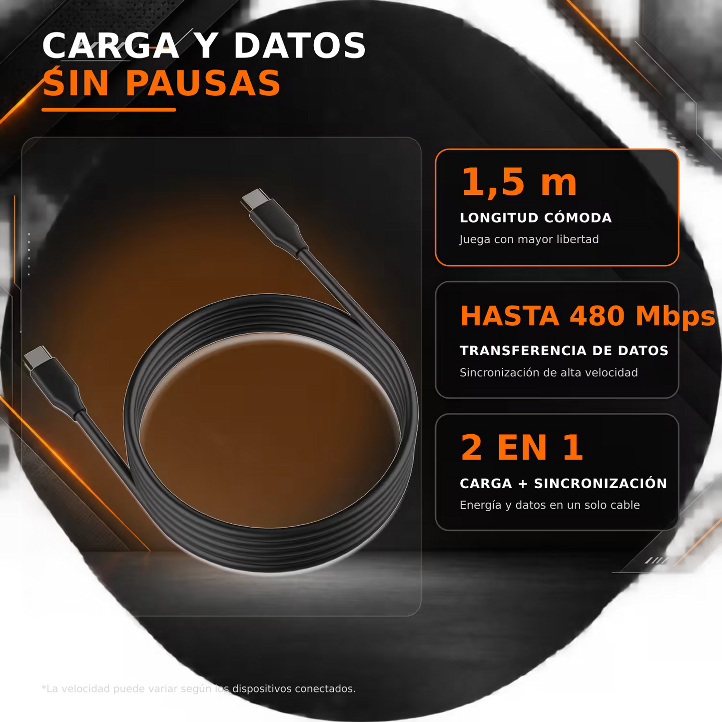 Cable USB-C a USB-C DOBE 1.5m  – Carga Rápida 5V/3A + Datos 480Mbps | Nailon Trenzado
