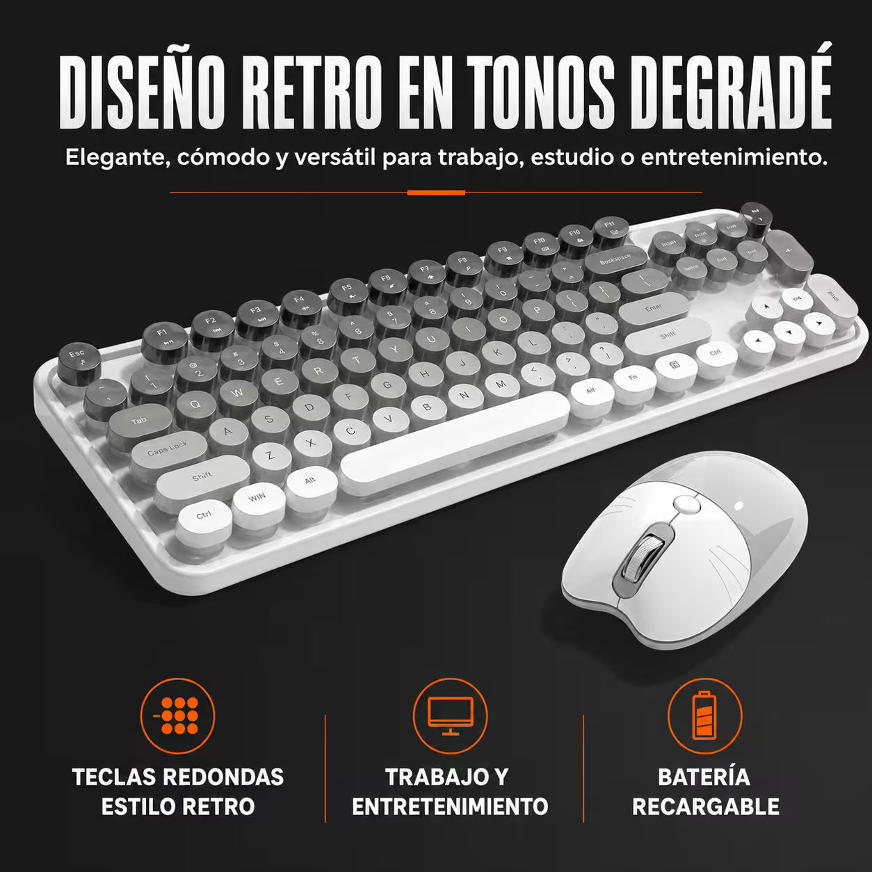 Combo Teclado y Mouse Recargable MOFii Sweet Pro – Dual Bluetooth + 2.4G | Retro Vintage Blanco-Gris | Para Ellas