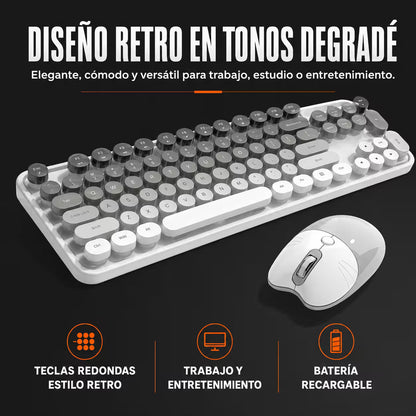 Combo Teclado y Mouse Recargable MOFii Sweet Pro – Dual Bluetooth + 2.4G | Retro Vintage Blanco-Gris | Para Ellas