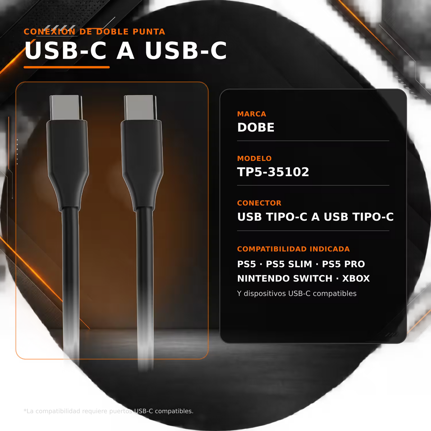 Cable USB-C a USB-C DOBE 1.5m  – Carga Rápida 5V/3A + Datos 480Mbps | Nailon Trenzado