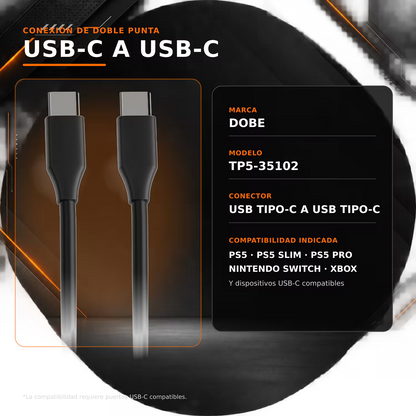 Cable USB-C a USB-C DOBE 1.5m  – Carga Rápida 5V/3A + Datos 480Mbps | Nailon Trenzado