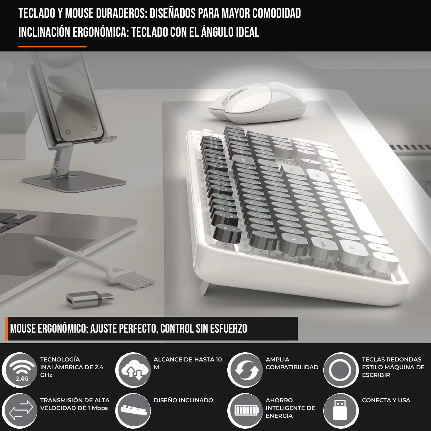 Combo Teclado y Mouse Recargable MOFii Sweet Pro – Dual Bluetooth + 2.4G | Retro Vintage Blanco-Gris | Para Ellas