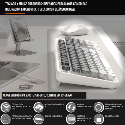 Combo Teclado y Mouse Recargable MOFii Sweet Pro – Dual Bluetooth + 2.4G | Retro Vintage Blanco-Gris | Para Ellas