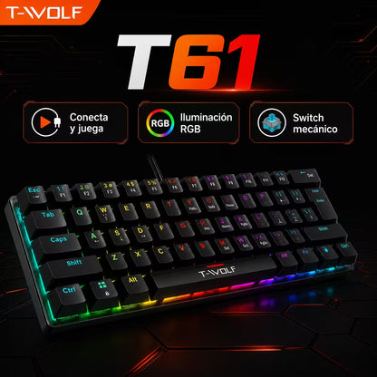 Teclado Mecánico T-Wolf T61 Pro-Gamer | 63 Teclas RGB Anti-Ghosting USB
