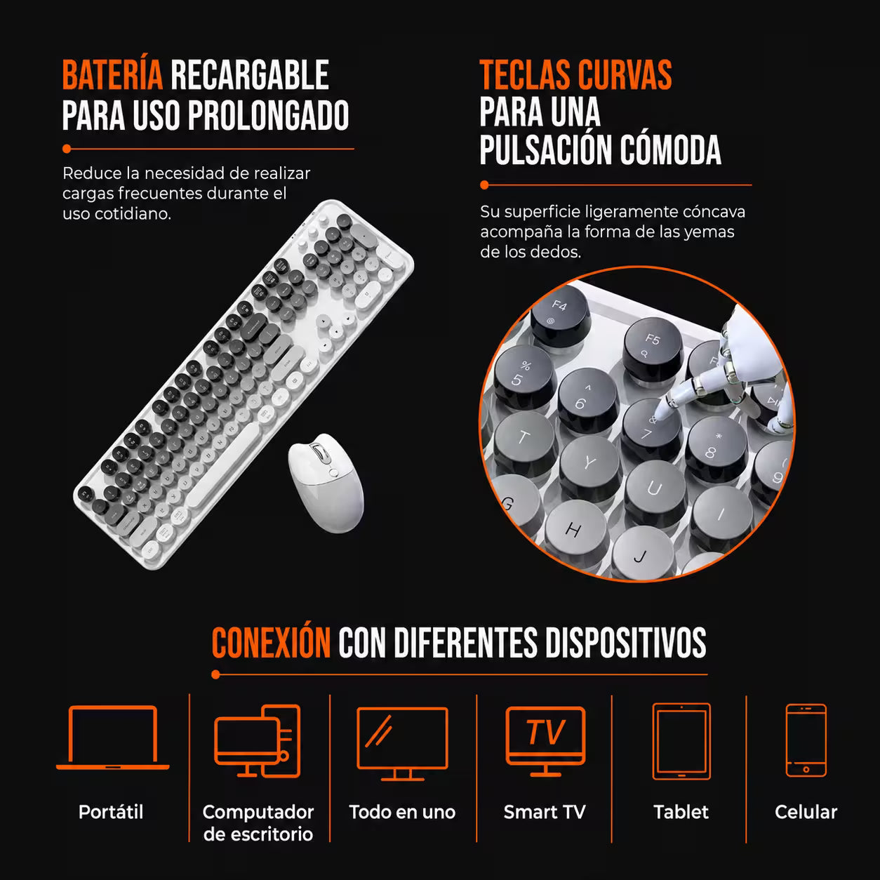 Combo Teclado y Mouse Recargable MOFii Sweet Pro – Dual Bluetooth + 2.4G | Retro Vintage Blanco-Gris | Para Ellas