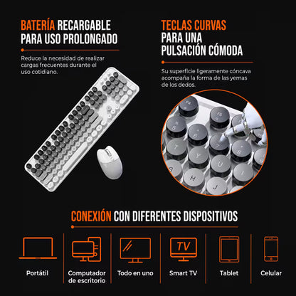 Combo Teclado y Mouse Recargable MOFii Sweet Pro – Dual Bluetooth + 2.4G | Retro Vintage Blanco-Gris | Para Ellas