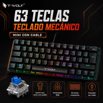 Teclado Mecánico T-Wolf T61 Pro-Gamer | 63 Teclas RGB Anti-Ghosting USB