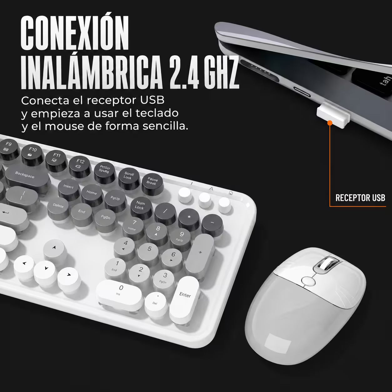 Combo Teclado y Mouse Recargable MOFii Sweet Pro – Dual Bluetooth + 2.4G | Retro Vintage Blanco-Gris | Para Ellas
