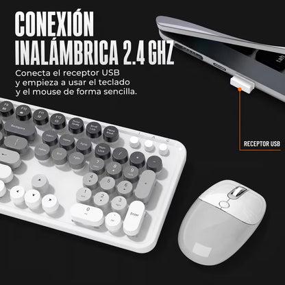 Combo Teclado y Mouse Recargable MOFii Sweet Pro – Dual Bluetooth + 2.4G | Retro Vintage Blanco-Gris | Para Ellas