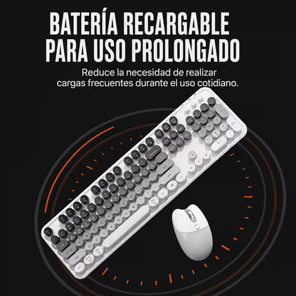 Combo Teclado y Mouse Recargable MOFii Sweet Pro – Dual Bluetooth + 2.4G | Retro Vintage Blanco-Gris | Para Ellas