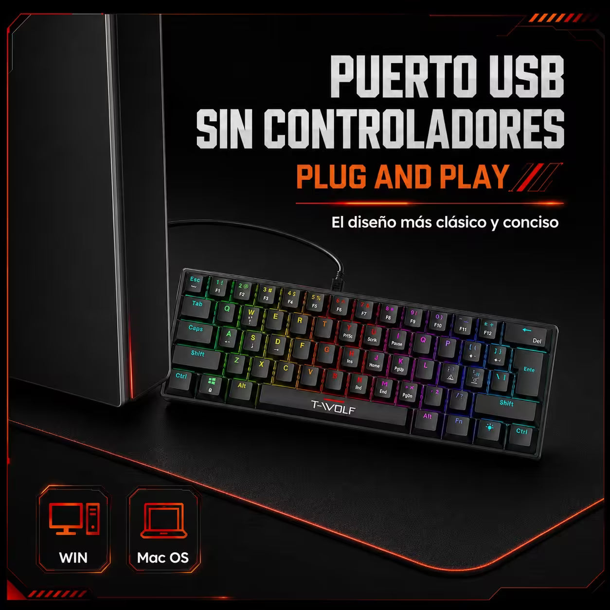 Teclado Mecánico T-Wolf T61 Pro-Gamer | 63 Teclas RGB Anti-Ghosting USB