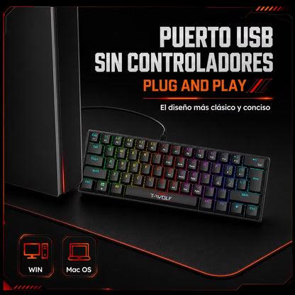 Teclado Mecánico T-Wolf T61 Pro-Gamer | 63 Teclas RGB Anti-Ghosting USB