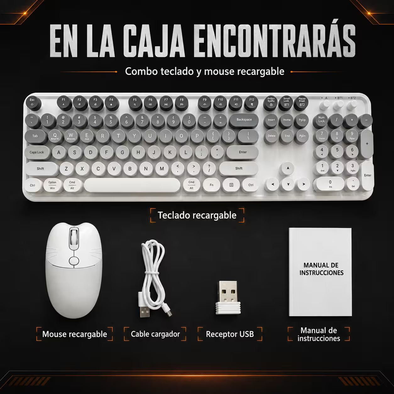 Combo Teclado y Mouse Recargable MOFii Sweet Pro – Dual Bluetooth + 2.4G | Retro Vintage Blanco-Gris | Para Ellas