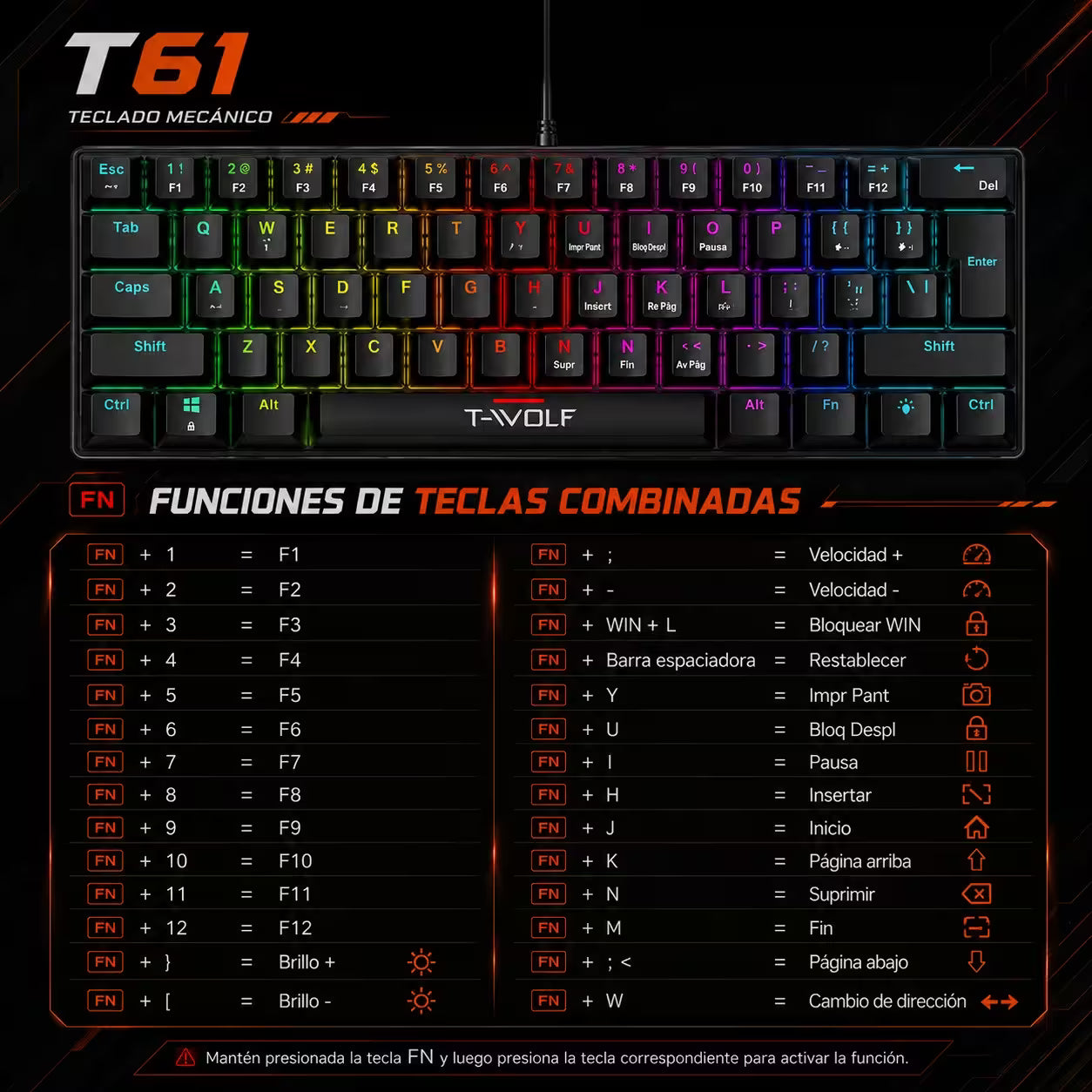 Teclado Mecánico T-Wolf T61 Pro-Gamer | 63 Teclas RGB Anti-Ghosting USB