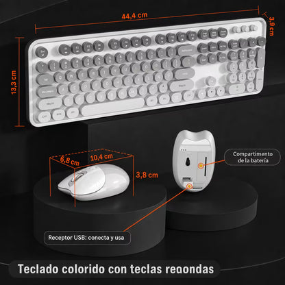 Combo Teclado y Mouse Recargable MOFii Sweet Pro – Dual Bluetooth + 2.4G | Retro Vintage Blanco-Gris | Para Ellas