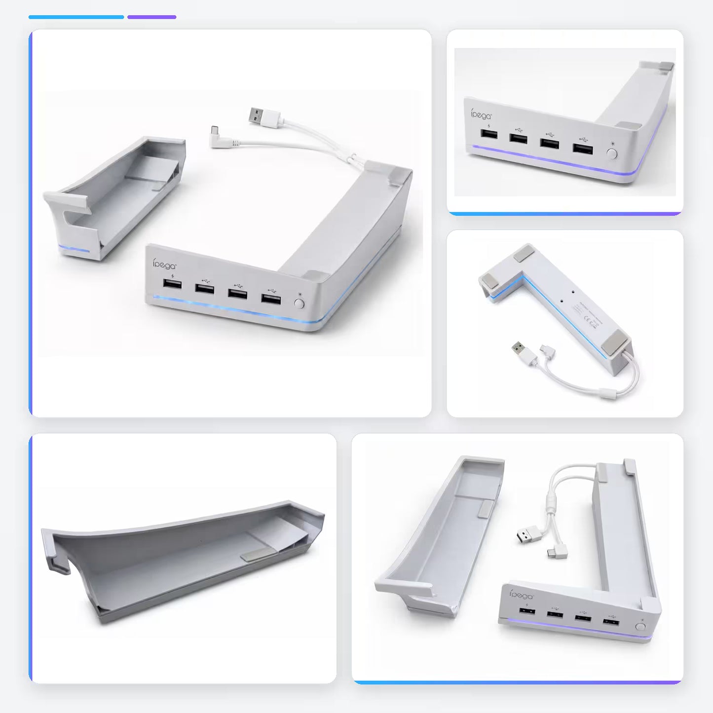 Base Horizontal RGB 4-en-1 iPega – PS5 Slim y PS5 Pro | Hub 4x USB 2.0 | 14 Modos RGB