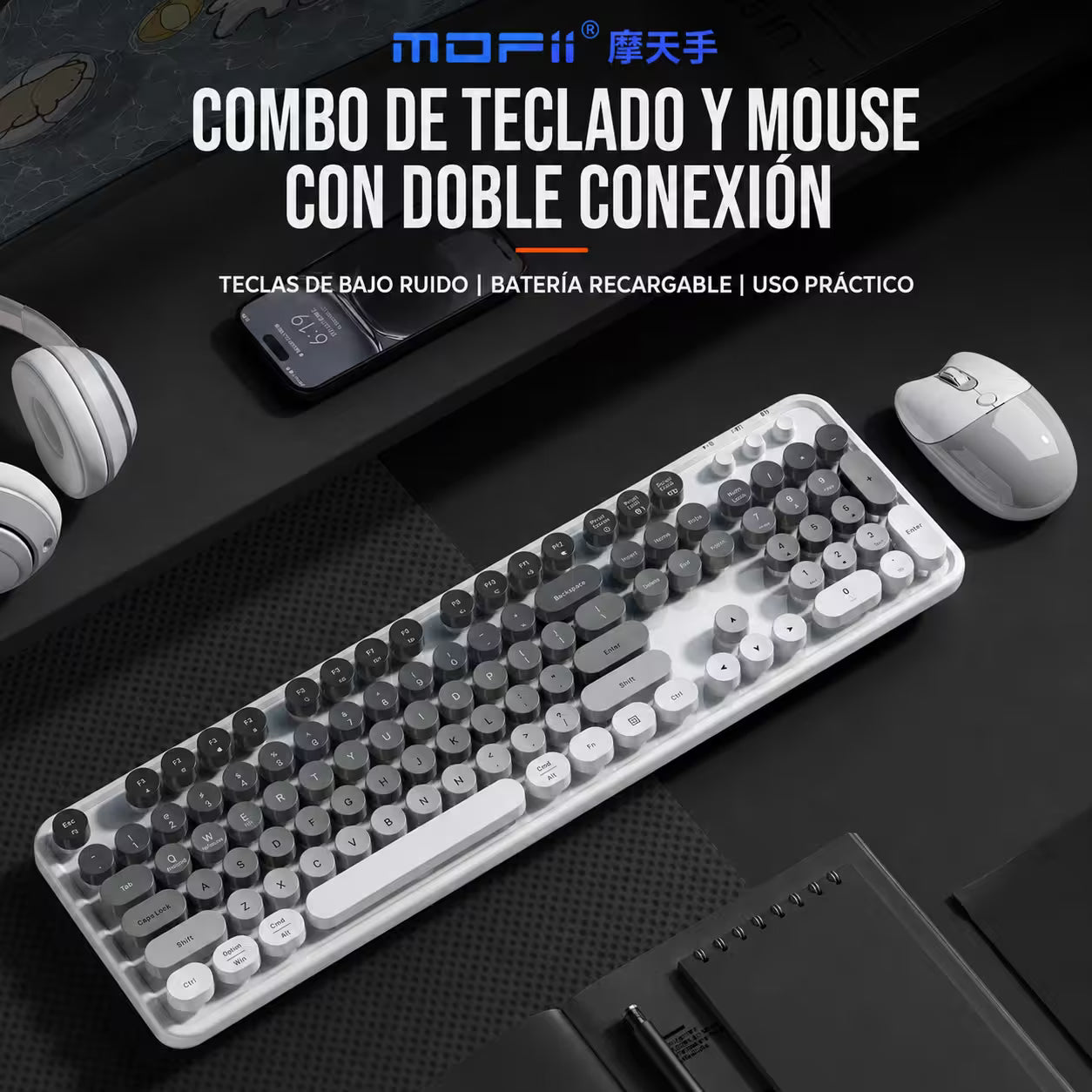 Combo Teclado y Mouse Recargable MOFii Sweet Pro – Dual Bluetooth + 2.4G | Retro Vintage Blanco-Gris | Para Ellas