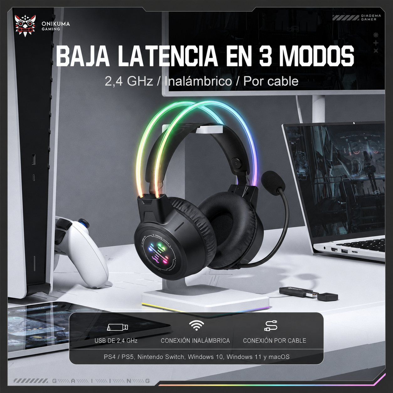 Diadema Gamer Inalámbrica Onikuma GT889 – Bluetooth 5.4 | 60H Batería | Tri-Modo 2.4G + BT + Cable | RGB | Mic Expuesto
