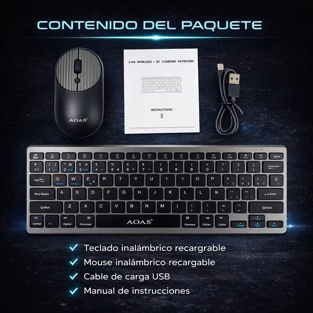 Combo Teclado y Mouse Inalámbrico AOAS A-1011B Recargable - 3 Modos Bluetooth 2.4G USB-C