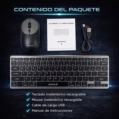 Combo Teclado y Mouse Inalámbrico AOAS A-1011B Recargable - 3 Modos Bluetooth 2.4G USB-C