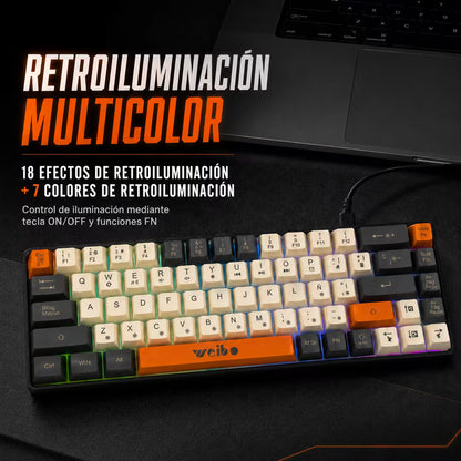 Teclado Membrana Compacto Weibo WB-333 – 68 Teclas | 18 Modos Luz Multicolor | USB-C Desmontable | Español con Ñ