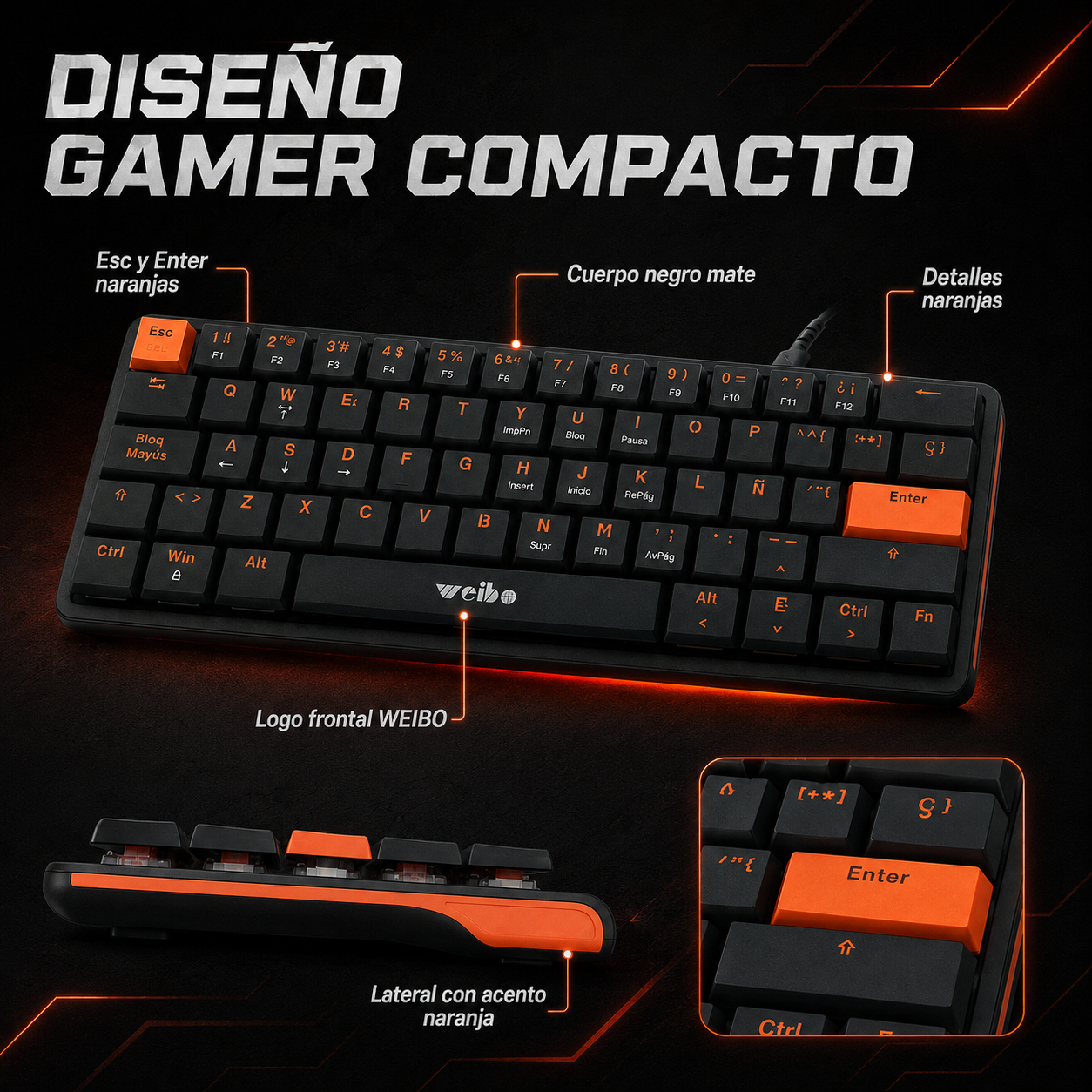 Teclado Mecánico Mini Weibo WB-777 – Switch Rojo | 61 Teclas | Anti-Ghosting | USB-C Desmontable | Sin LED