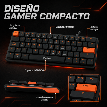 Teclado Mecánico Mini Weibo WB-777 – Switch Rojo | 61 Teclas | Anti-Ghosting | USB-C Desmontable | Sin LED